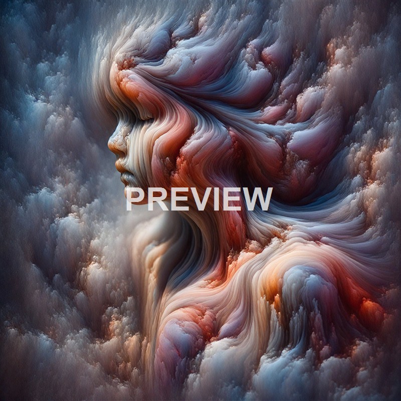 A surreal, abstract depiction of a woman's face and upper body formed from swirling, cloud-like textures in shades of pink, blue, and beige, blending seamlessly with a cloudy sky background.